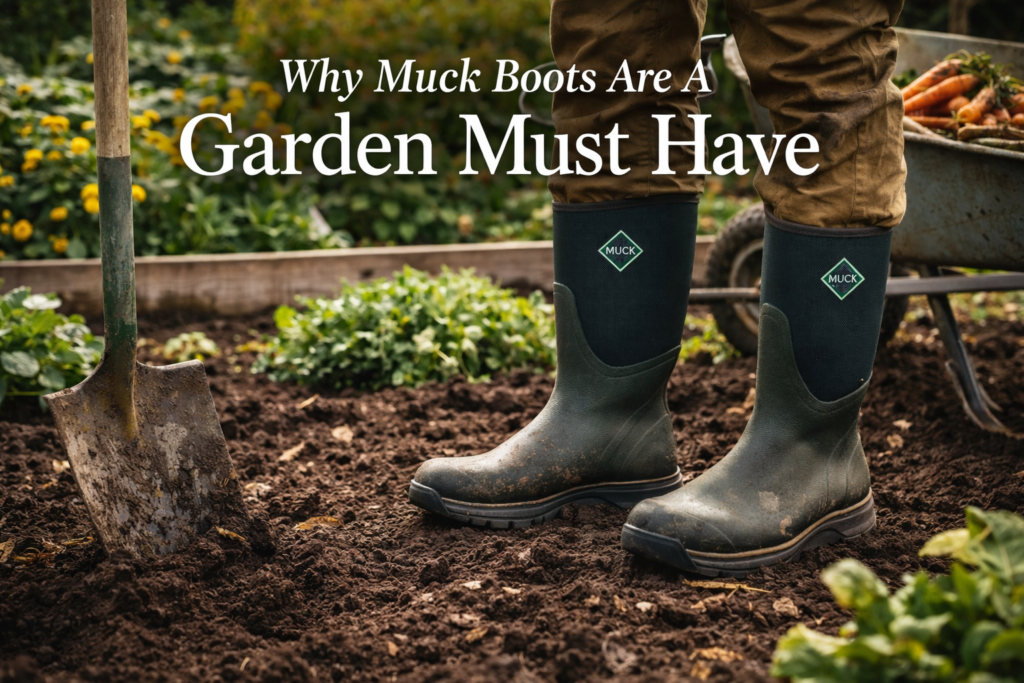 a pair of muck boots being worn in a garden with a shovel next to them