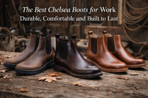 a collection of chelsea boots on an autunmal background
