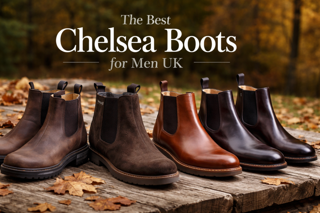 a collection of chelsea boots in an autumnal background