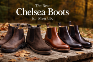 a collection of chelsea boots in an autumnal background