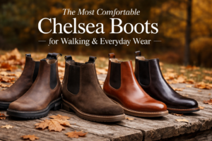 a collection of comfortable chelsea boots in an autumnal background