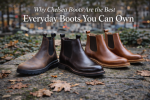 autumnal themed background with two paids of chelsea boots on the ground