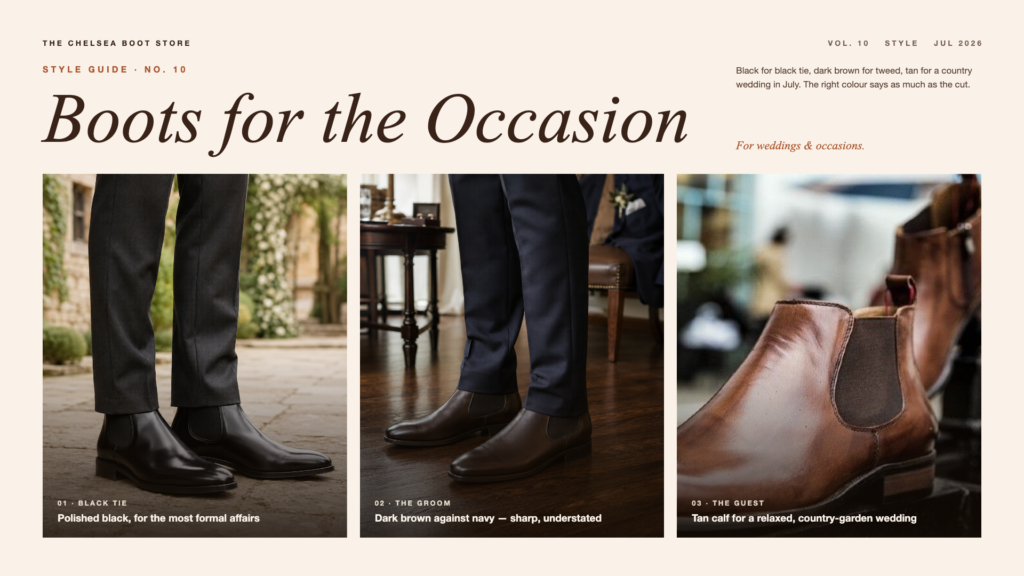 chelsea boots in various colours for weddings and smart occasions
